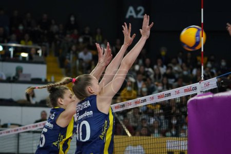 Photo for ISTANBUL, TURKEY - MAY 06, 2022: Mina Popovic and Arina Fedorovtseva in action during Fenerbahce Opet vs Vakifbank Turkish Sultans League Playoff Final match in Burhan Felek Sport Hall - Royalty Free Image