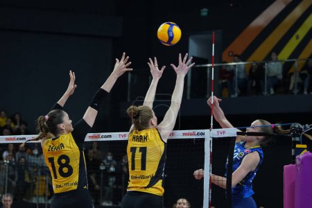 Photo for ISTANBUL, TURKEY - MAY 03, 2022: Zehra Gunes and Isabelle Haak in action during Vakifbank vs Fenerbahce Opet Turkish Sultans League Playoff Final match in Vakifbank Sport Hall - Royalty Free Image