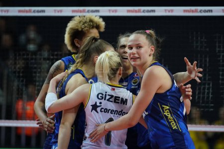Photo for ISTANBUL, TURKEY - MAY 03, 2022: Fenerbahce Opet players celebrating score point during Vakifbank Turkish Sultans League Playoff Final match in Vakifbank Sport Hall - Royalty Free Image