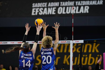 Photo for ISTANBUL, TURKEY - MAY 03, 2022: Eda Erdem Dundar and Melissa Vargas in action during Vakifbank vs Fenerbahce Opet Turkish Sultans League Playoff Final match in Vakifbank Sport Hall - Royalty Free Image