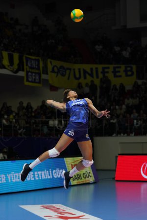 Photo for ISTANBUL, TURKEY - APRIL 06, 2022: Melissa Vargas serves during Fenerbahce Opet vs Vakifbank CEV Champions League Volley Semi Final match in Vakifbank Sport Hall - Royalty Free Image