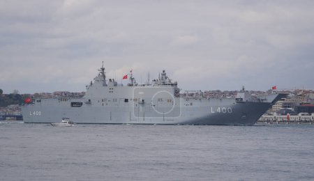 Photo for ISTANBUL, TURKIYE - APRIL 23, 2023: TCG Anadolu Ship passing Bosphorus - Royalty Free Image