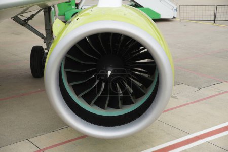 Photo for ISTANBUL, TURKIYE - OCTOBER 08, 2022: Engine of Air Baltic Airbus A220-371 (55165) display in Istanbul Airshow in Istanbul Ataturk Airport - Royalty Free Image