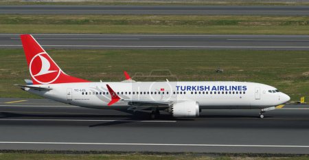 Photo for ISTANBUL, TURKIYE - OCTOBER 01, 2022: Turkish Airlines Boeing 737-8MAX (60054) landing to Istanbul International Airport - Royalty Free Image