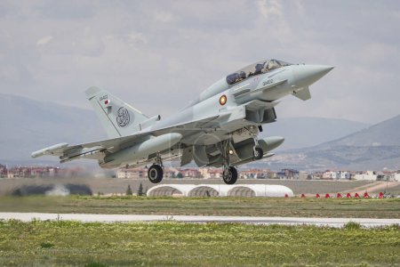Photo for KONYA, TURKIYE - MAY 09, 2023: Qatar Air Force Eurofighter Typhoon EF2000 (MT003) take-off from Konya Airport during Anatolian Eagle Air Force Exercise - Royalty Free Image