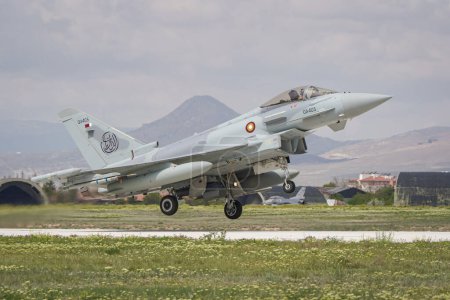 Photo for KONYA, TURKIYE - MAY 09, 2023: Qatar Air Force Eurofighter Typhoon EF2000 (MS0002) take-off from Konya Airport during Anatolian Eagle Air Force Exercise - Royalty Free Image