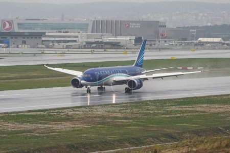 Photo for ISTANBUL, TURKIYE - OCTOBER 15, 2022: Azerbaijan Airlines Boeing 787-8 (37920) landing to Istanbul International Airport - Royalty Free Image