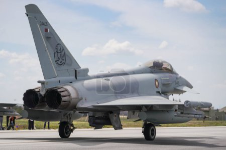 Photo for KONYA, TURKIYE - MAY 09, 2023: Qatar Air Force Eurofighter Typhoon EF2000 (MS0002) taxiing in Konya Airport during Anatolian Eagle Air Force Exercise - Royalty Free Image