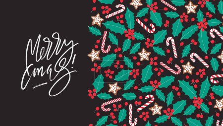 Téléchargez les illustrations : Joyeux Noël saluant carte de forme horizontale. Marqueur écrit lettrage avec feuilles de houx stylisées et baies. Fond vectoriel pour les vacances de Noël - en licence libre de droit