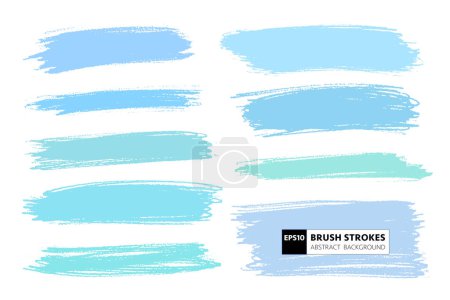 Ilustración de Tonos azules claros pastel como conjunto de trazos artísticos. Texturizado pequeña colección de telón de fondo horizontal. Pinceladas de color azul - Imagen libre de derechos