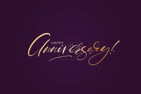 Happy Anniversary lettering text banner, golden script on violet background. Ilustración vectorial. Diseño para tarjetas, web, carteles