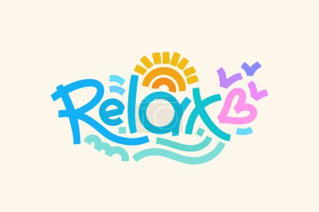 Relax horizontal card. Motivational word with the sun, hearts and waves composition. Template for stickers, banners, social media, posters