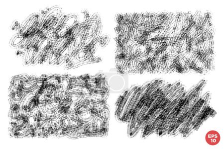 Vector set of hand drawn textured chaotic brush strokes, stains for backdrops or overlays. Monochrome design elements set. One color monochrome artistic hand drawn background