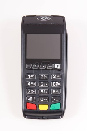 Payment terminal, credit card reader using for cashless paying. Finance and banking concept