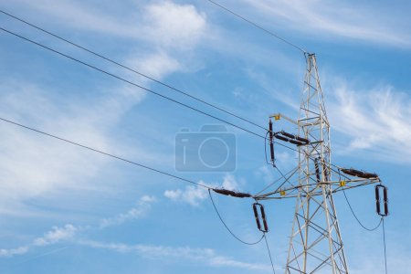 High voltage electric pole with wires. Line of electricity transmissions and distribution