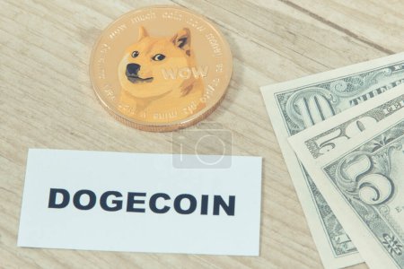 Photo for Dogecoin and dollars. Symbol of cryptocurrency. International network payment. Finance concept - Royalty Free Image