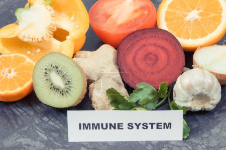 Photo for Inscription immune system with fresh fruits and vegetables. Source natural vitamins, minerals and dietary fiber - Royalty Free Image