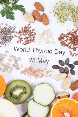 Einschreibung Welttag der Schilddrüse am 25. Mai und beste nahrhafte Inhaltsstoffe für eine gesunde Schilddrüse. Weißer Hintergrund