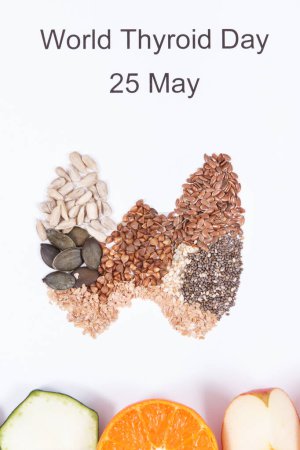 Natural ingredients in shape of thyroid and inscription World Thyroid Day 25 May. Best food containing vitamins and minerals for healthy thyroid