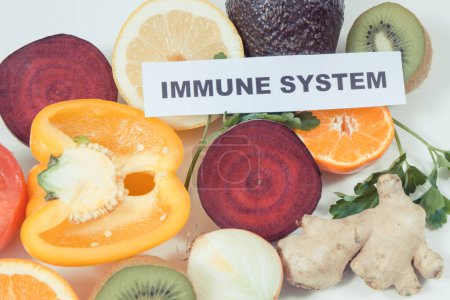 Inscription immune system, fresh ripe healthy fruits and vegetables containing natural vitamins. Immune boosting in times of Covid-19