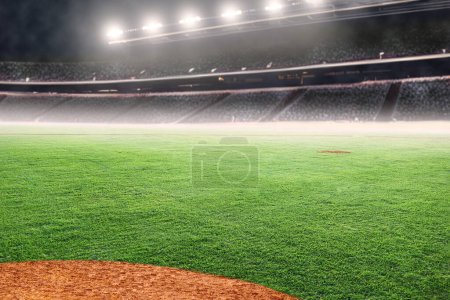 Baseball-Diamant auf dem Spielfeld im hell erleuchteten Freiluftstadion. Fokus auf Vordergrund und geringe Schärfentiefe auf Hintergrund und Kopierraum.