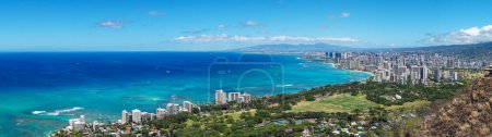 Panorama of Honolulu city view from Diamond Head lookout, with Waikiki beach landscape and ocean views.