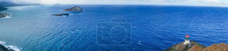 Photo for Panorama of Makapu'u Point Lighthouse in Waimanalo Bay of southeastern Oahu, Hawaii, with copy space. - Royalty Free Image