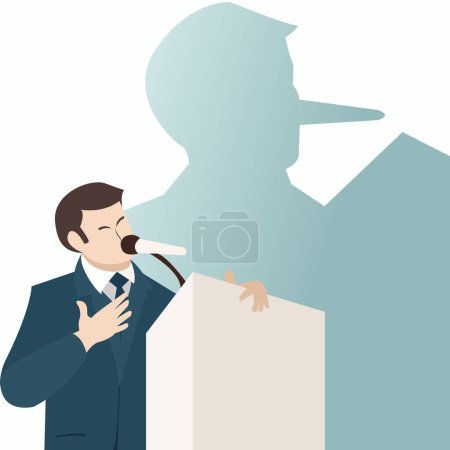 Photo for Lies, cheat, hoax speech businessman character chatting in front of public audience with shadow of his long nose. Liar, lying people in business concept vector illustration - Royalty Free Image