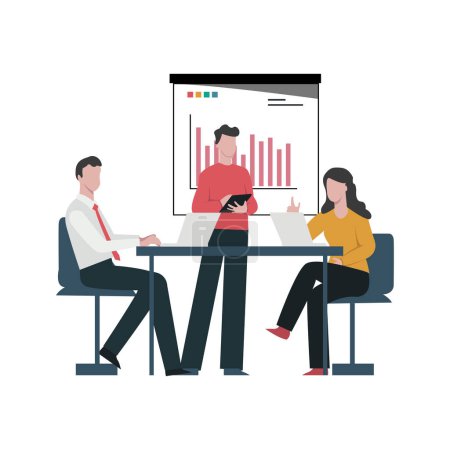 Illustration for Business presentation, training flat vector illustration.Office work, teamwork concept. Corporate training, conference, business meeting. Coworkers, partners, colleagues discussing task isolated cartoon characters. Office work, teamwork concept - Royalty Free Image