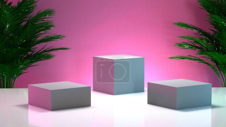 Photo for Abstract 3d scene with cubes and palm trees. Product display stand. Vaporwave, synthwave style, neon aesthetics of 1980's. - Royalty Free Image