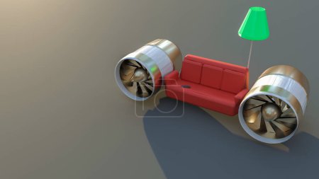 Foto de 3d illustration of a red sofa and floor lamp with jet turbines attachet to the sides, copy space. comfortable taveling, fast flight booking concept. Advertisement template. - Imagen libre de derechos