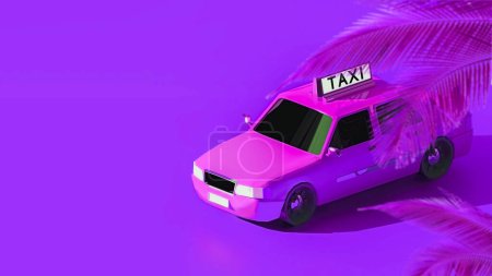 Isometric 3d rendering of a pink taxi car against the purple background with copy space, taxi service mobile application concept, advertisement template