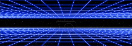 Téléchargez les photos : Grille lumineuse au néon cyberpunk inspirée des années 1980 dans les tons bleus comme modèle de fond pour un environnement de jeu vidéo rétro - en image libre de droit