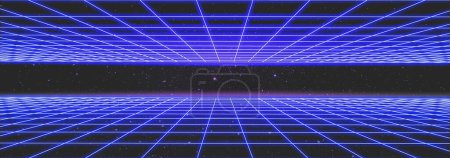 Téléchargez les photos : Grille lumineuse au néon cyberpunk inspirée des années 1980 dans les tons bleus comme modèle de fond pour un environnement de jeu vidéo rétro - en image libre de droit