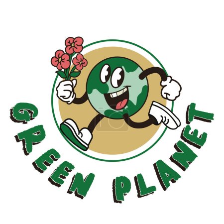 Téléchargez les photos : Vintage cartoon planet earth mascot, globe flat character running with flowers, eco marathon concept - en image libre de droit