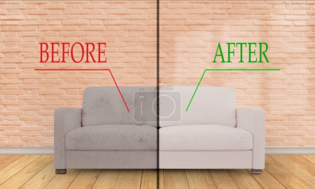 Sofa before and after dry-cleaning in room, 3d rendering