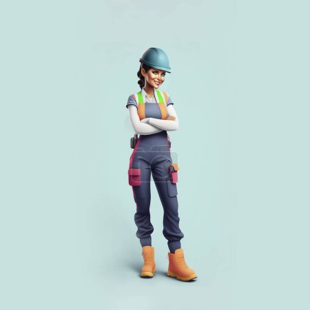 Téléchargez les photos : Illustration of a female construction worker in a jumpsuit and hard hat, character design, isolated on blue. - en image libre de droit