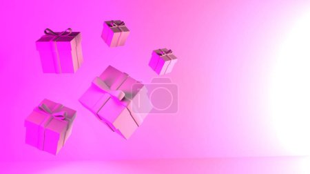 Foto de Banner creativo, representación 3d de cajas de regalo flotantes con cinta, iluminación rosa, espacio de copia - Imagen libre de derechos