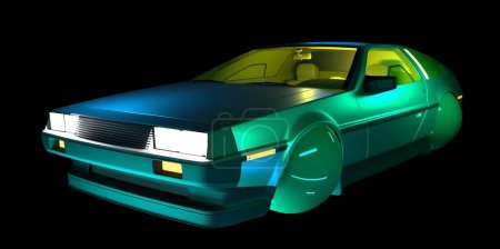 3d rendu d'une voiture flottante rétro-futuriste des années 1980, hovercar isolé sur noir, néon éclairage