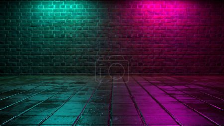 Foto de Dark brick wall texture with purple and blue neon lights, 3d rendering, product mockup, retrowave style studio background template - Imagen libre de derechos
