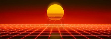 Téléchargez les photos : 3d abstrait 1980 's retrowave, fond cyberpunk avec espace de copie, grille de perspective néon rouge - en image libre de droit