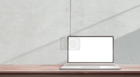 Photo for Laptop on a wooden desk, brick wall background. Office workspace mockup. 3d rendering - Royalty Free Image