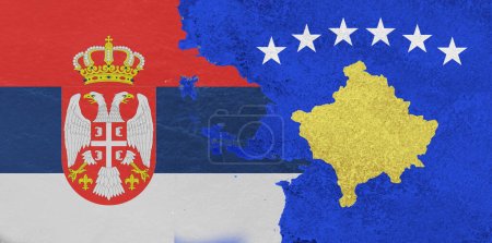 Serbia - Kosovo conflict illustration, national flag against the cracked wall