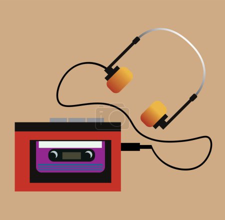 Illustration for Vector icon, illustration of vintage 1980's audio cassette player with headphones. Retrowave sticker - Royalty Free Image