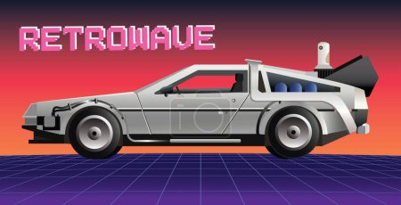 Illustration for 80s retrowave background, 3d vector illustration. Retro video racing game concept. Futuristic car drive through neon abstract cyberspace with perspective grid - Royalty Free Image