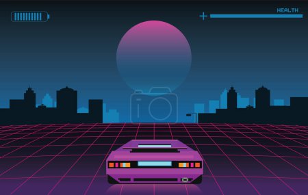 80s retrowave background, 3d vector illustration. Retro video racing game concept. Futuristic car drive through neon abstract cyberspace with perspective grid