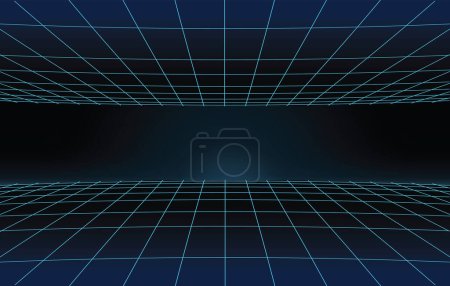Illustration for 3d abstract 1980's retrowave, cyberpunk background with copy space, neon perspective grid - Royalty Free Image