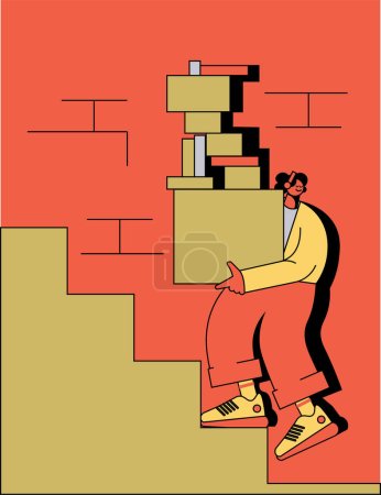 Téléchargez les illustrations : Vector illustration of a flat female character carries packages and boxes up the stairs - en licence libre de droit