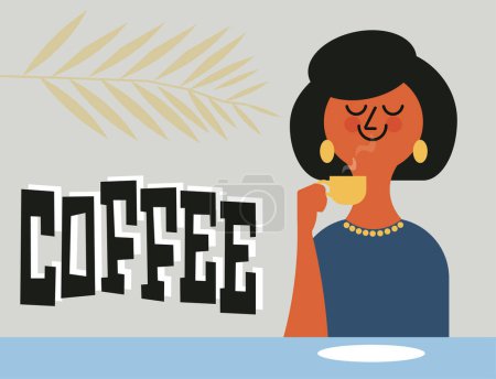 Illustration for Minimalist vector illustration of a cartoon flat female character happily enjoying aroma of a fresh cup of coffee - Royalty Free Image