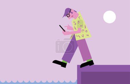 Careless pedestrian, male flat character looking at smartphone stepping off the cliff or edge of the pier. Blinded by social media, danger of using mobile phone while walking